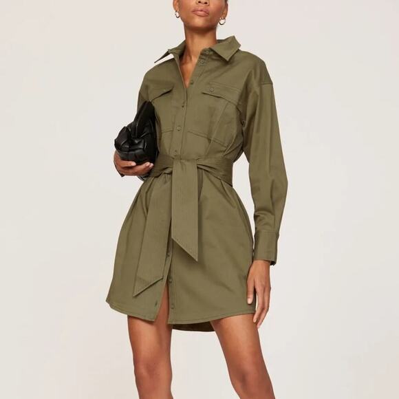 Marissa Webb Collective Shirt Dress Long Sleeve Belted Mini Safari Olive Green 4 - Picture 1 of 11